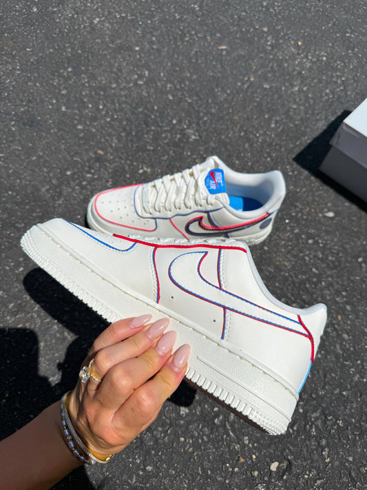 Hand Painted Custom Air Force 1 Red Blue Outline Sneakers