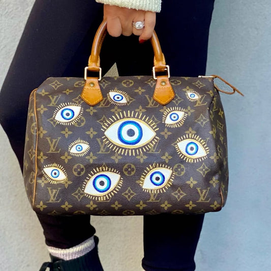 Custom Hand Painted Evil Eye Pattern Top Handle Handbag