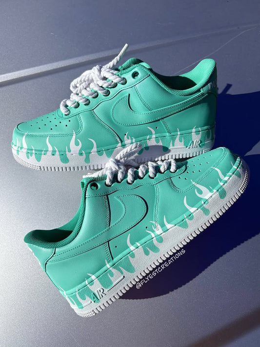 Hand Painted Mint Green Flame Custom Air Force 1 Sneakers