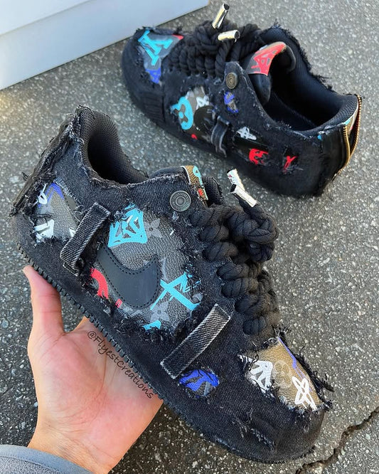 Hand Painted Distressed Black Custom Air Force 1 Sneakers