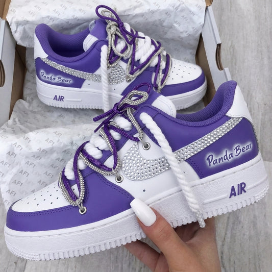 Purple white rhinestone custom Air Force 1 sneakers with rope laces and crystal lace overlay