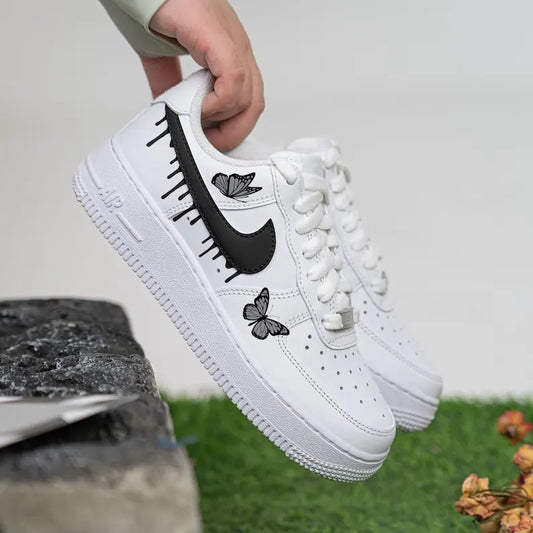 Hand Painted Black Butterfly Drip Custom Air Force 1, Unique Personalized Custom Sneakers