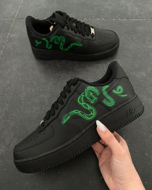 Hand Painted Green Snake Custom Black Air Force 1 Sneakers