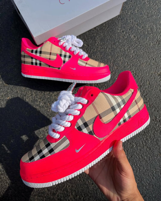 Hand Painted Neon Pink Plaid Custom Air Force 1 Sneakers