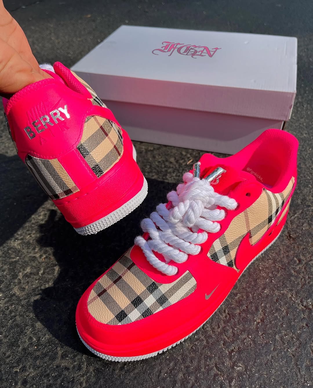 Hand Painted Neon Pink Plaid Custom Air Force 1 Sneakers