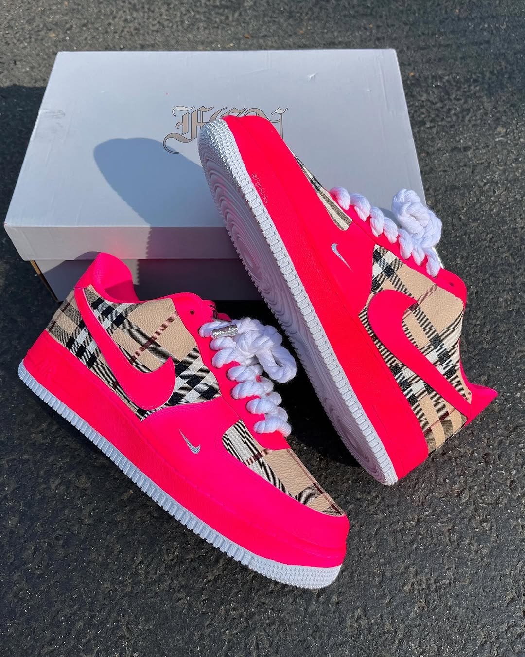 Hand Painted Neon Pink Plaid Custom Air Force 1 Sneakers