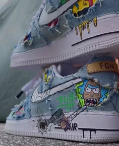 Custom Hand Painted Denim Air Force 1 Cartoon Sneakers
