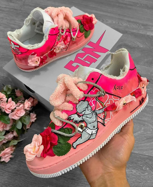 Hand Painted Pink Floral Cupid Custom Air Force 1 Sneakers