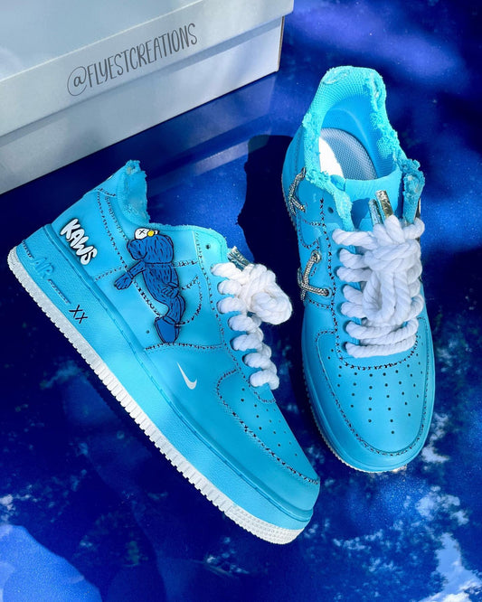 Custom Hand Painted Blue KAWS Air Force 1 Sneakers