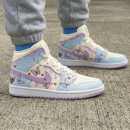 Baby Blue and Lavender Butterflies and Hearts Custom AJ 1s Shoes
