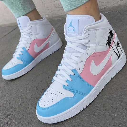 Baby Blue Baby Pink Palm Trees Custom AJ 1s Shoes