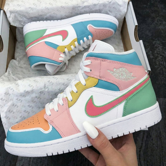 Baby Blue Baby Pink Yellow Green Color Block Custom AJ 1s Shoes