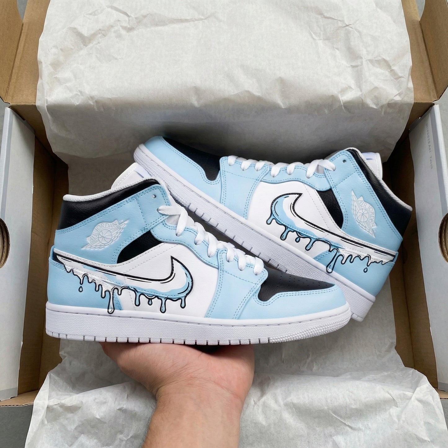 Baby Blue Black Drip Design Custom AJ 1s Shoes