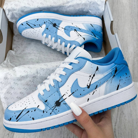 Baby Blue Black Paint Splatter Custom AJ 1s Shoes