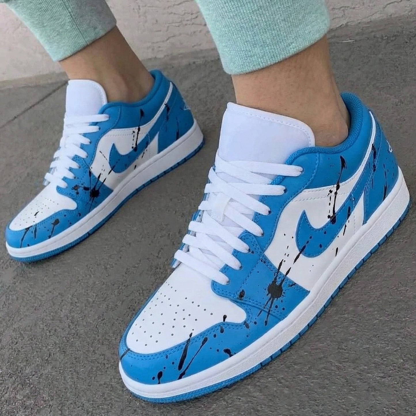 Baby Blue Black Paint Splatter Custom AJ 1s Shoes