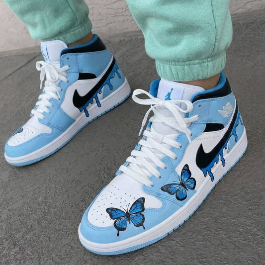 Baby Blue Butterfly Drip Custom AJ 1s Shoes