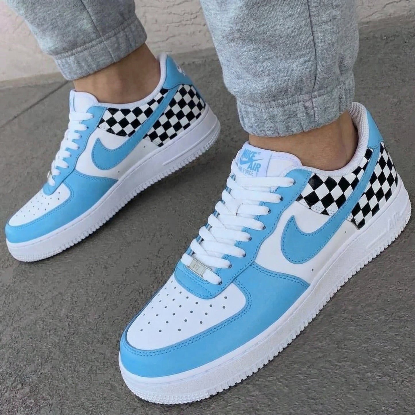 Baby Blue Checkered Custom AF 1s Shoes