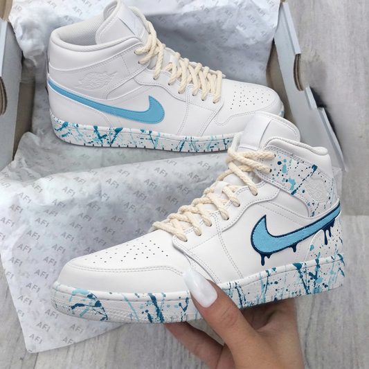 Baby Blue Dark Blue Paint Splatter Drip Custom AJ 1s Shoes
