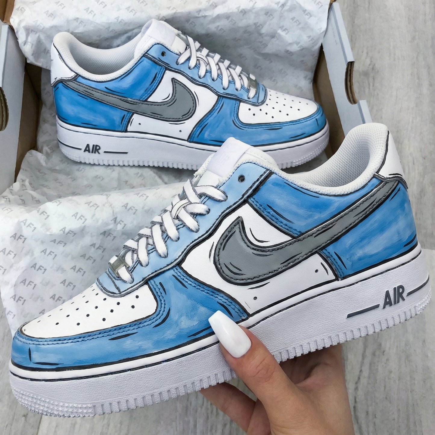 Baby Blue Gray Cartoon Style Custom AF 1s Shoes