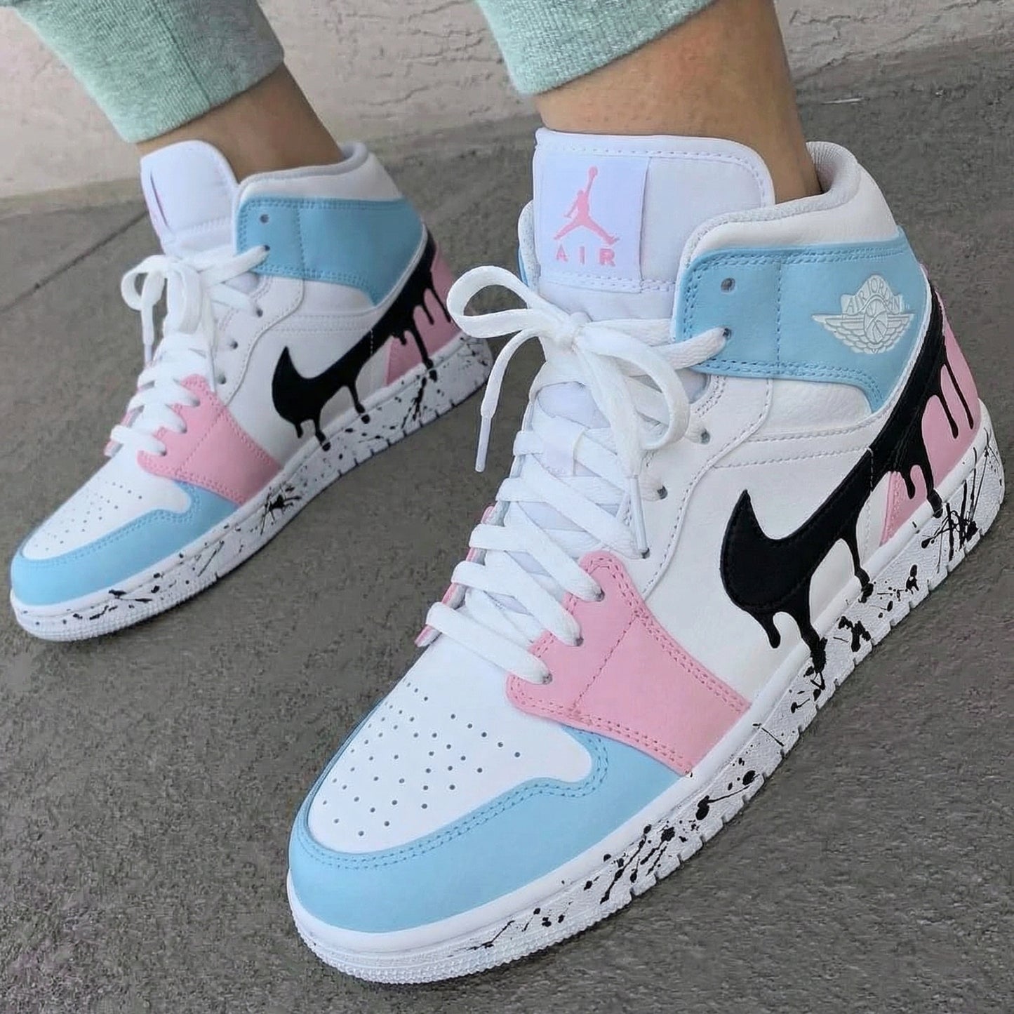 Baby Blue Pink Drip Custom AJ 1s Shoes