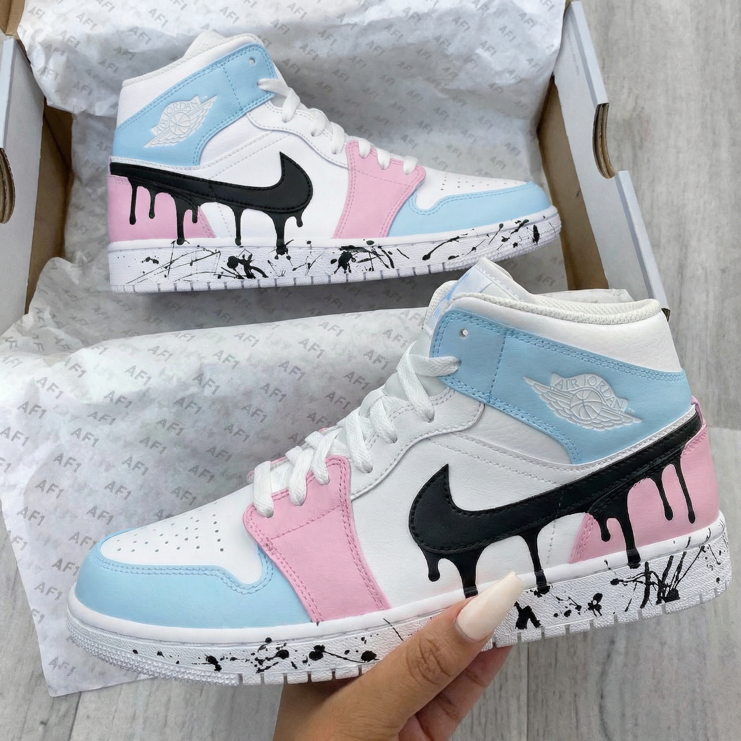 Baby Blue Pink Drip Custom AJ 1s Shoes