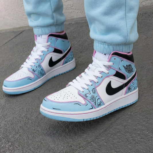Baby Blue Pink Floral Custom AJ 1s Shoes