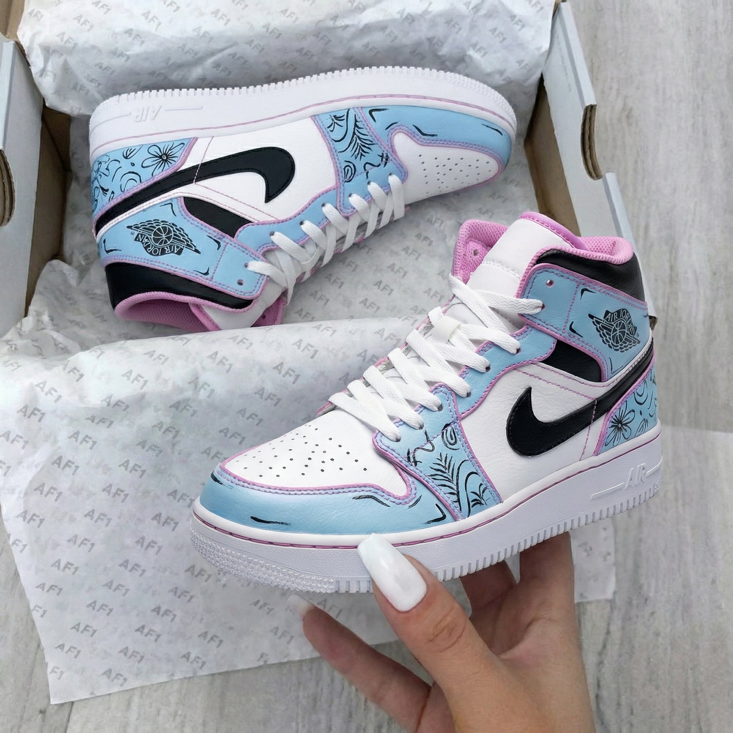 Baby Blue Pink Floral Custom AJ 1s Shoes