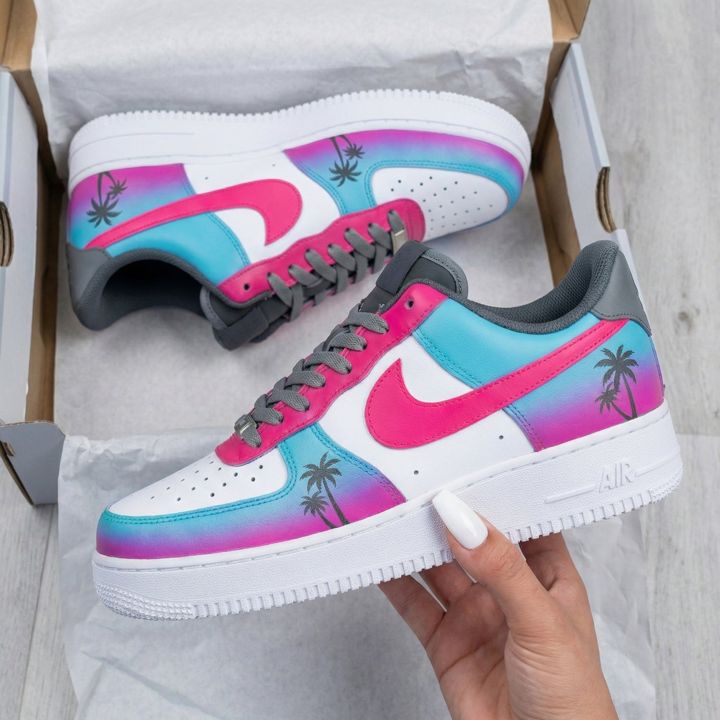 Baby Blue Pink Palm Trees Custom AF 1s Shoes