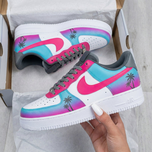 Baby Blue Pink Palm Trees Custom AF 1s Shoes