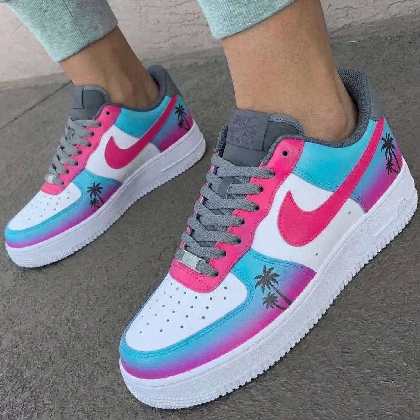 Baby Blue Pink Palm Trees Custom AF 1s Shoes