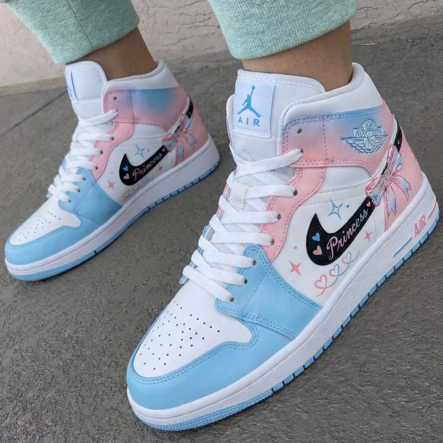 Baby Blue Pink Princess Pattern Custom AJ 1s Shoes