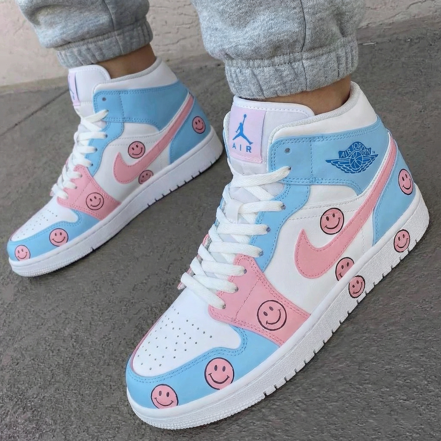 Baby Blue Pink Smiley Custom AJ 1s Shoes