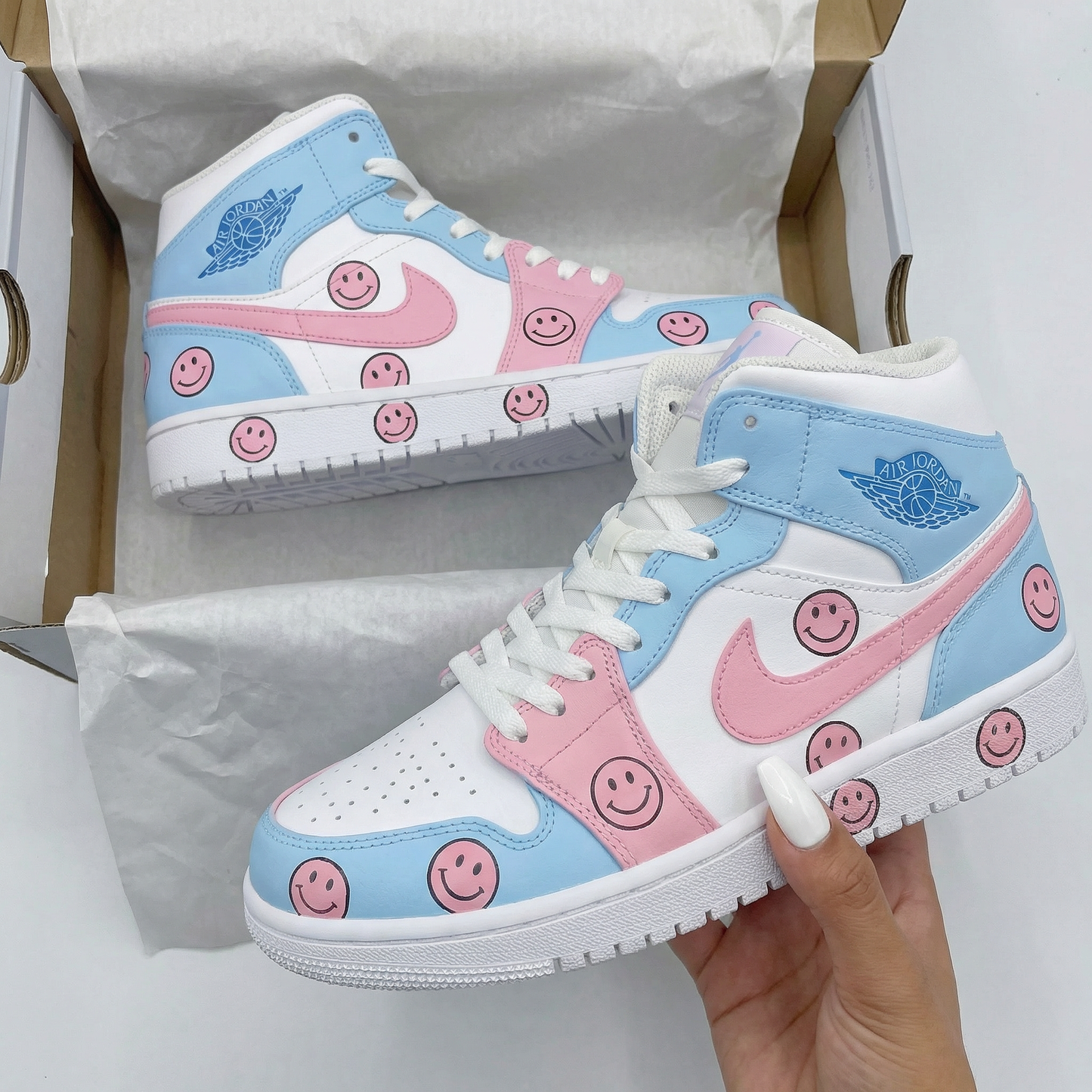 Baby Blue Pink Smiley Custom AJ 1s Shoes
