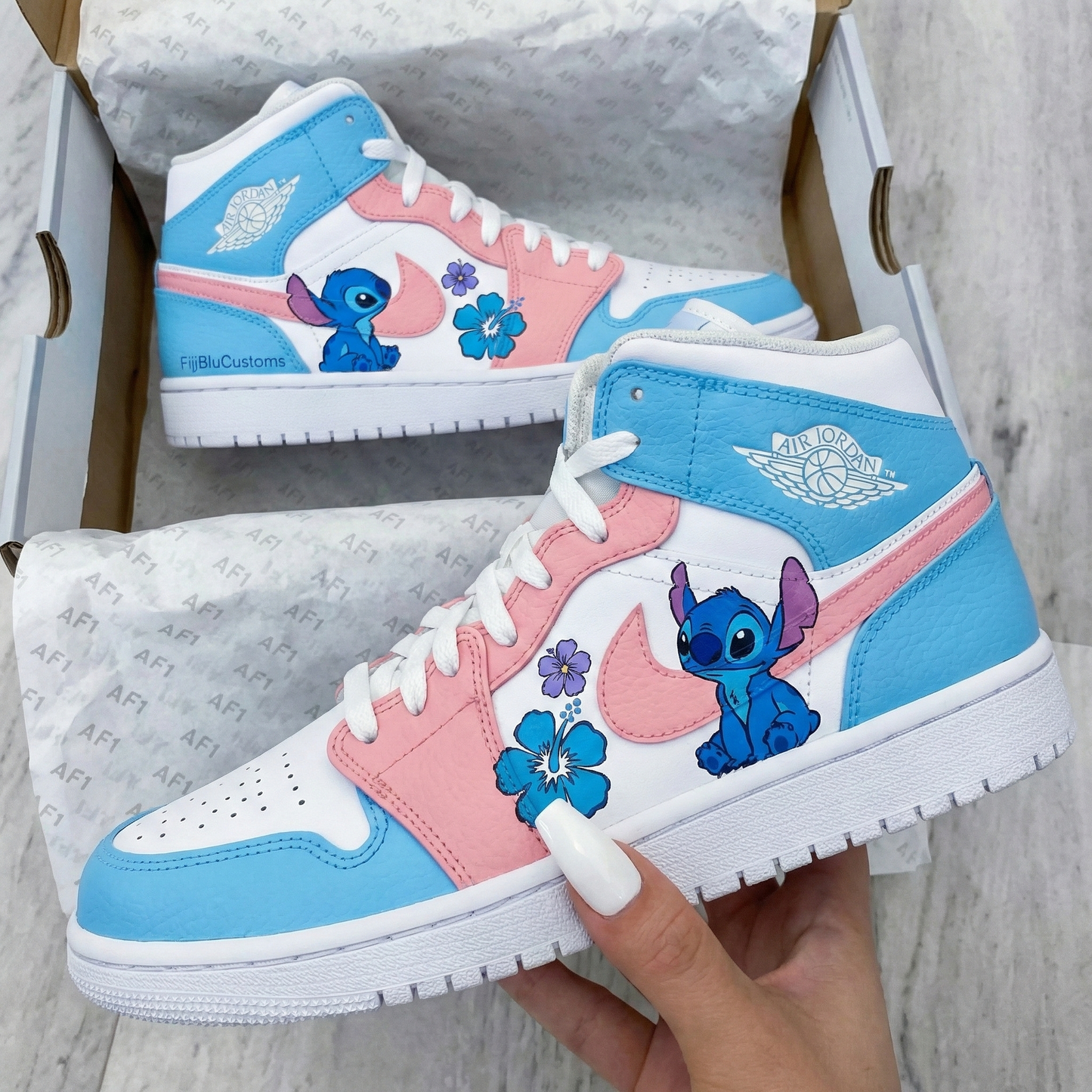 Baby Blue Pink Stitch Flowers Custom AJ 1s Shoes