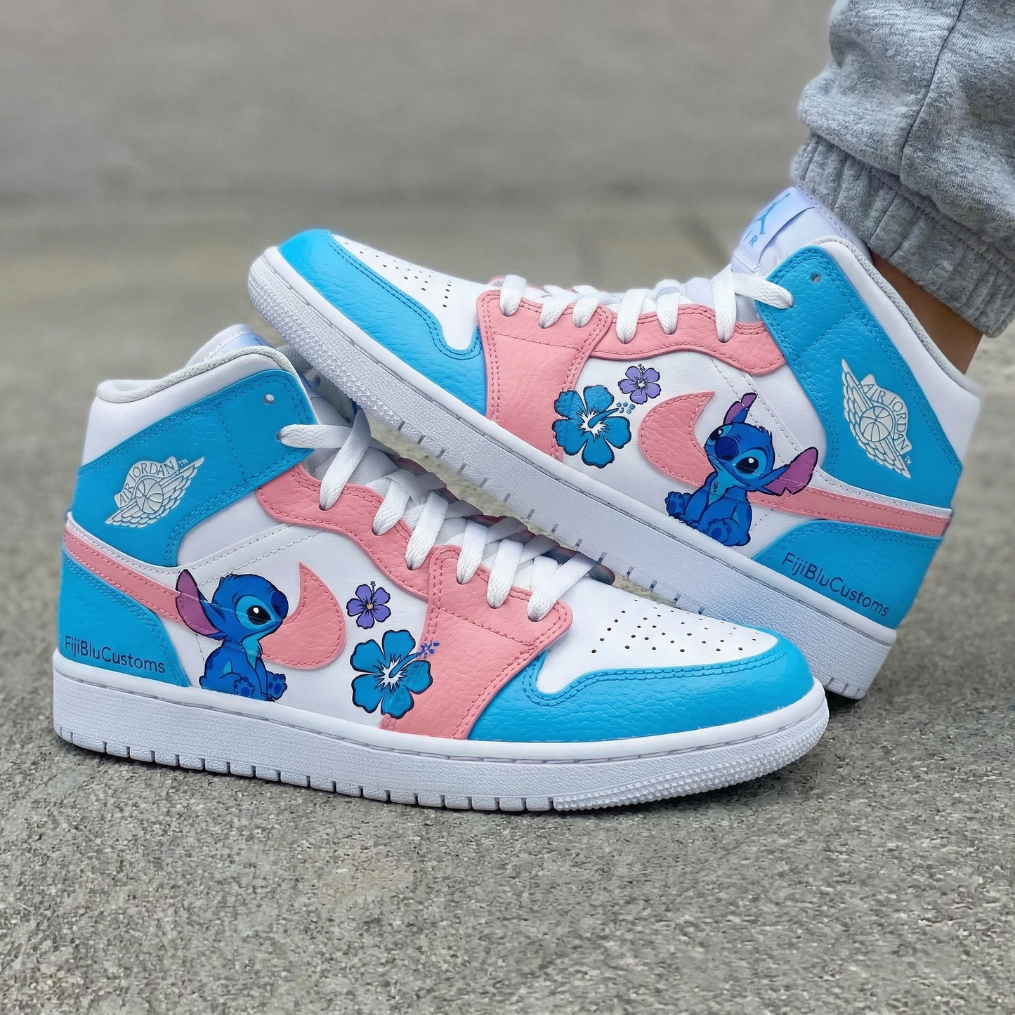 Baby Blue Pink Stitch Flowers Custom AJ 1s Shoes