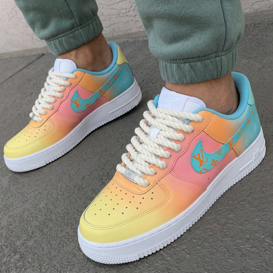 Baby Blue Pink Yellow Orange Gradient LV Logo Custom AF 1s Shoes