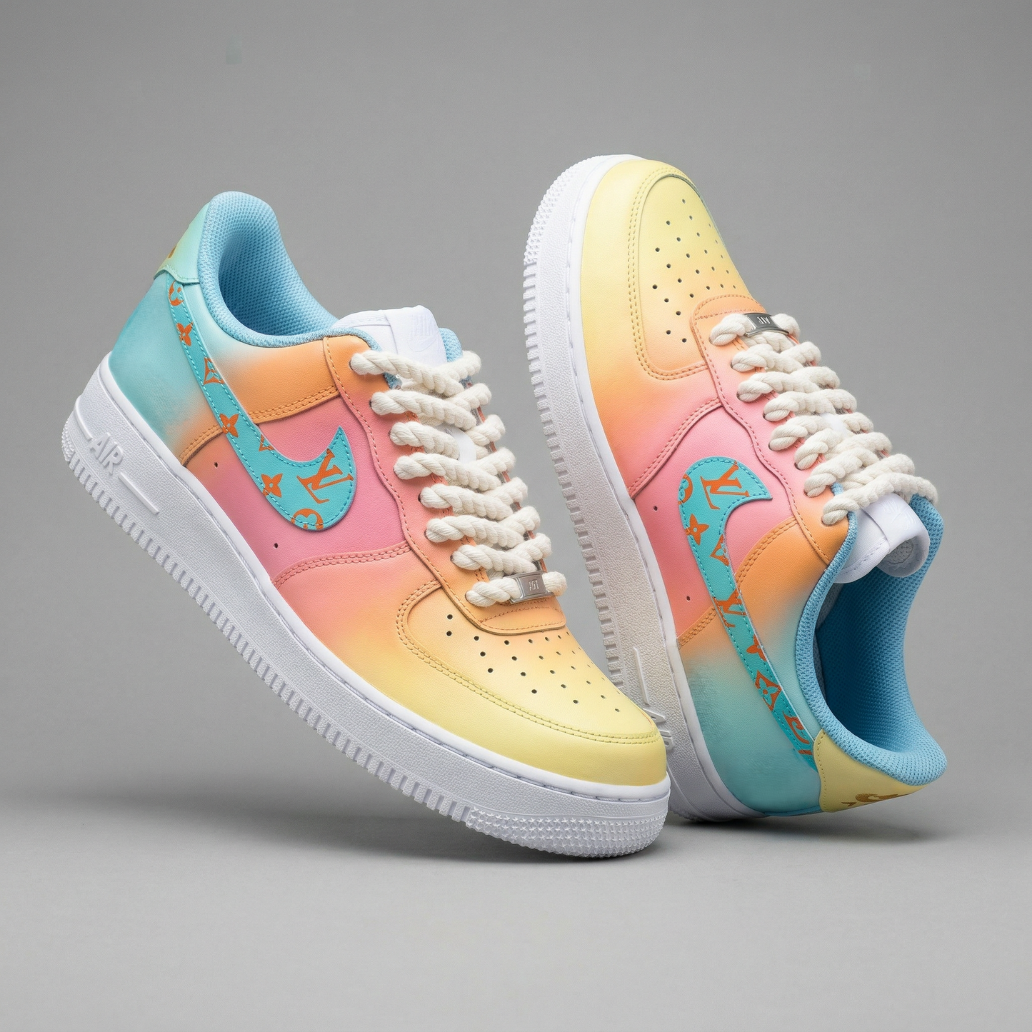 Baby Blue Pink Yellow Orange Gradient LV Logo Custom AF 1s Shoes