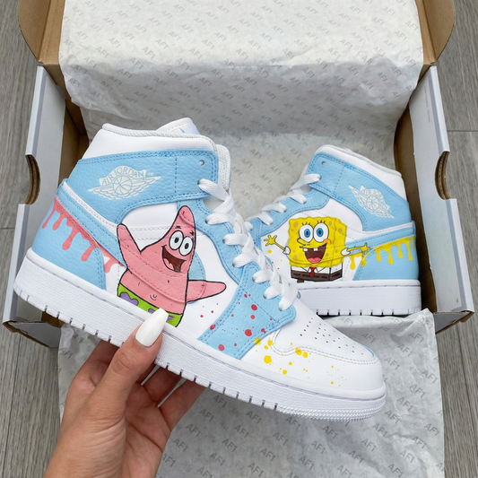 Baby Blue Pink Yellow Spongebob Patrick Cartoon Drip Custom AJ 1s Shoes