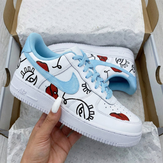Baby Blue Red Eyes Lips Doodle Custom AF 1s Shoes