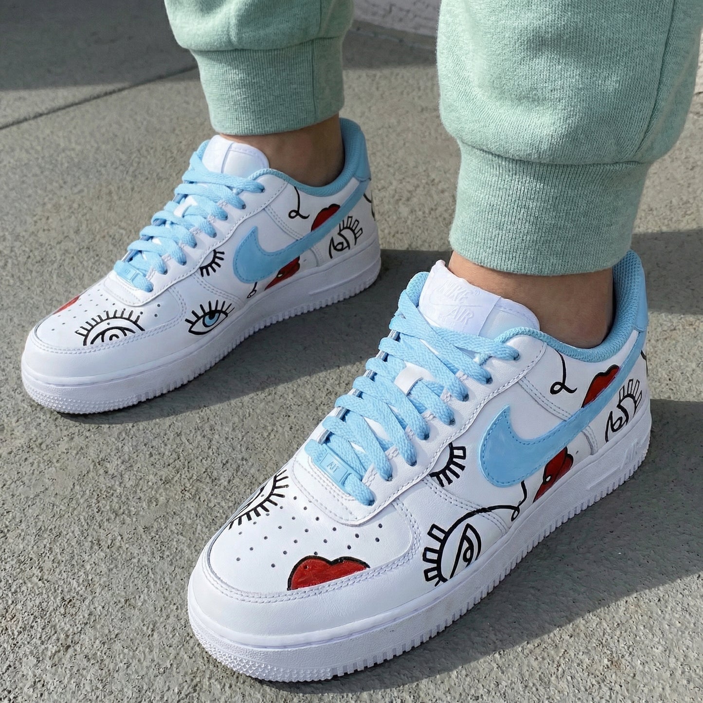 Baby Blue Red Eyes Lips Doodle Custom AF 1s Shoes