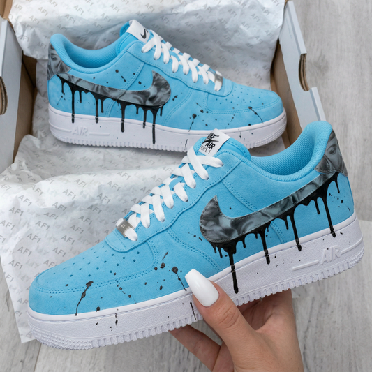 Baby Blue Suede Drip Splatter Custom AF 1s Shoes