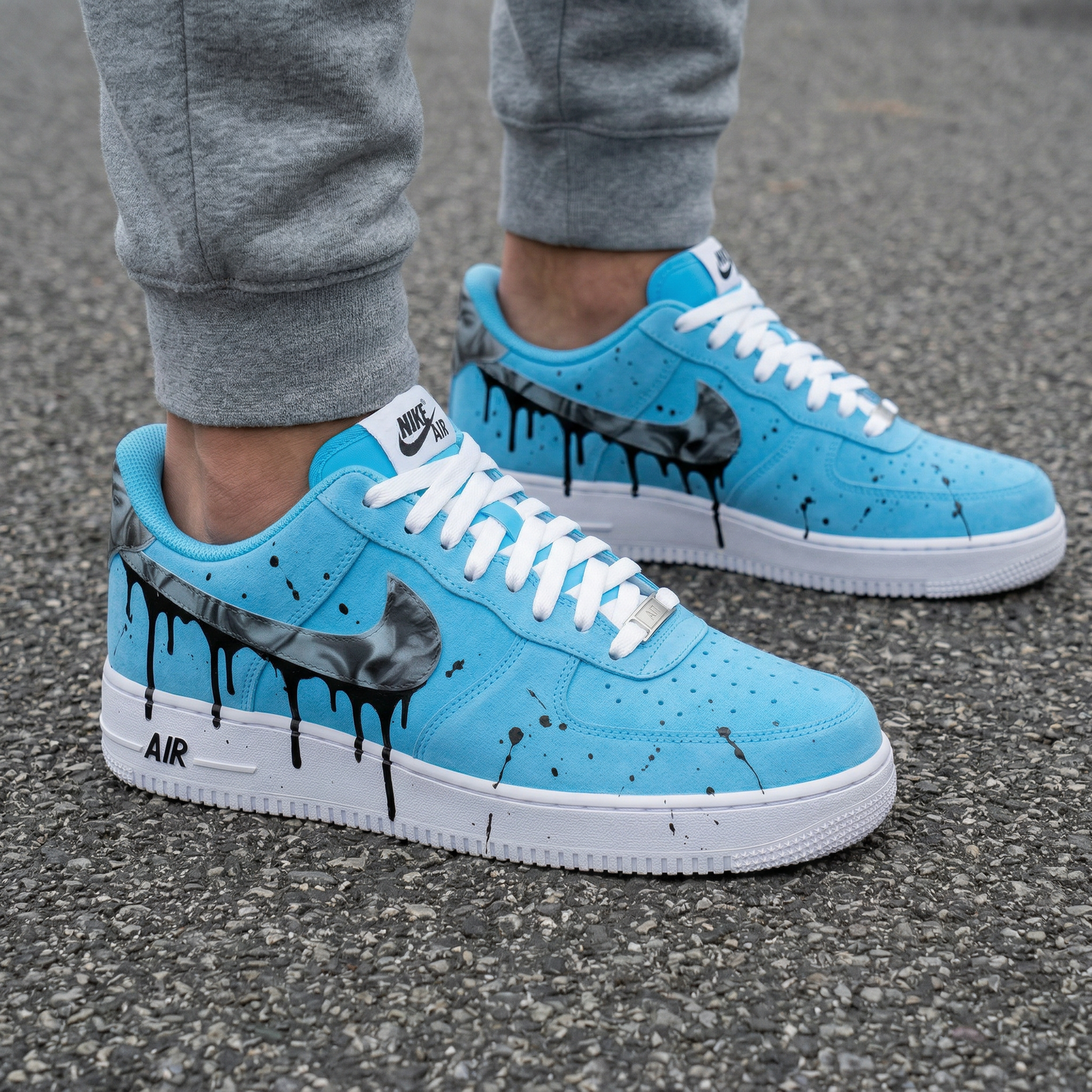 Baby Blue Suede Drip Splatter Custom AF 1s Shoes