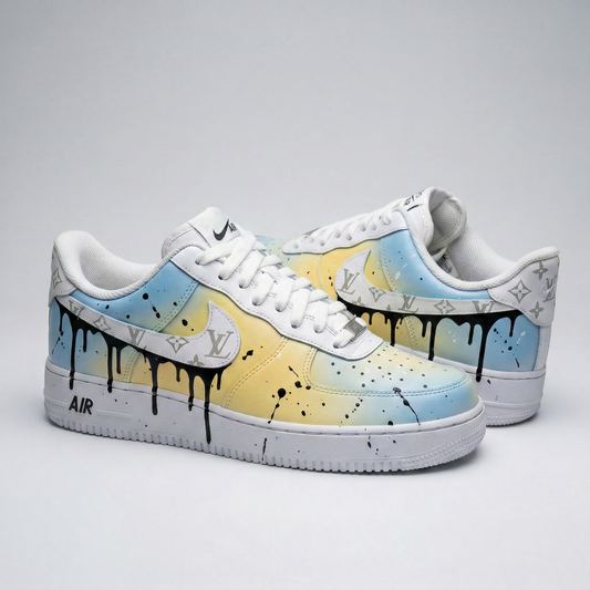 Baby Blue Yellow LV Drip Splatter Custom AF 1s Shoes