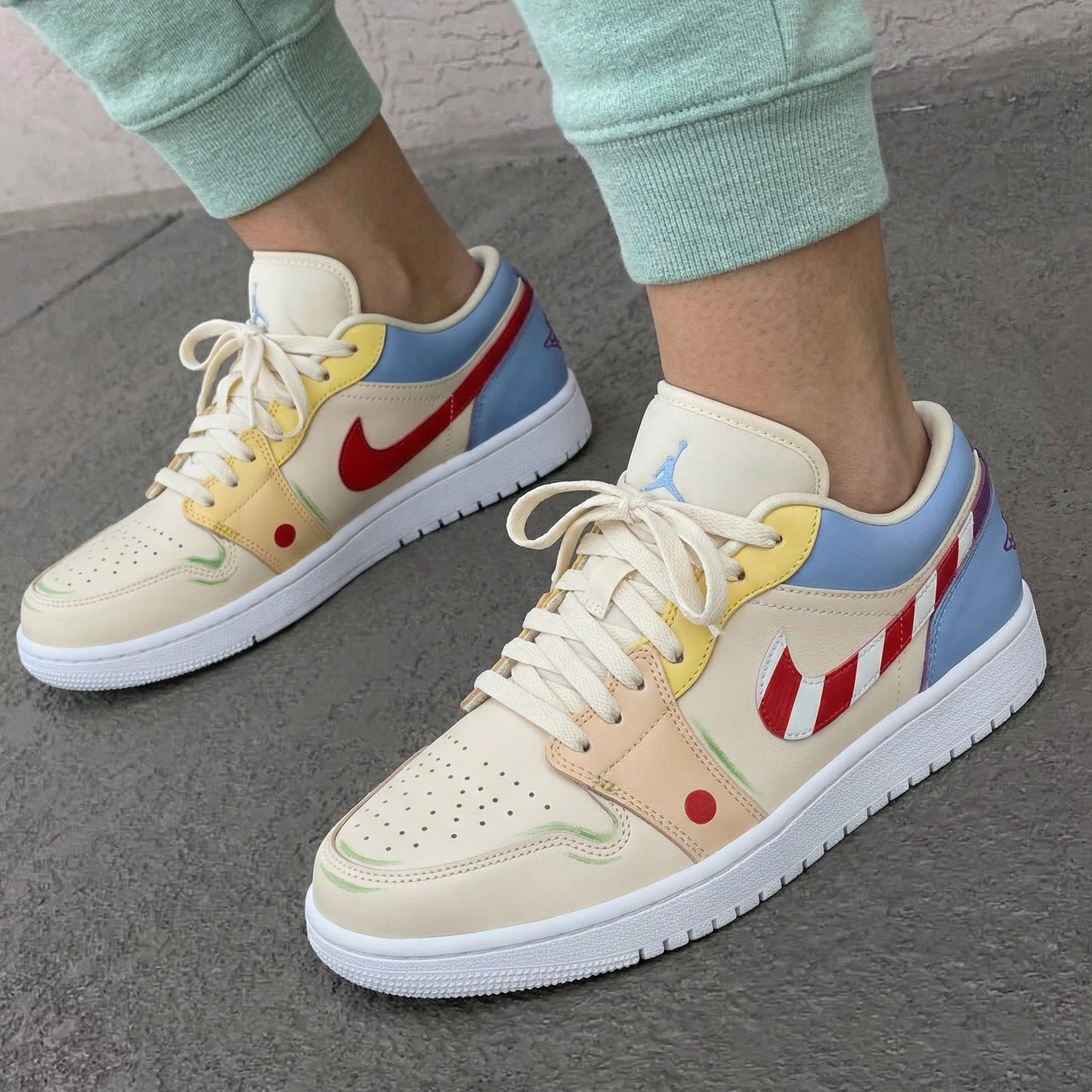 Baby Blue Yellow Red Stripe Swoosh Dot Custom AJ 1s Shoes