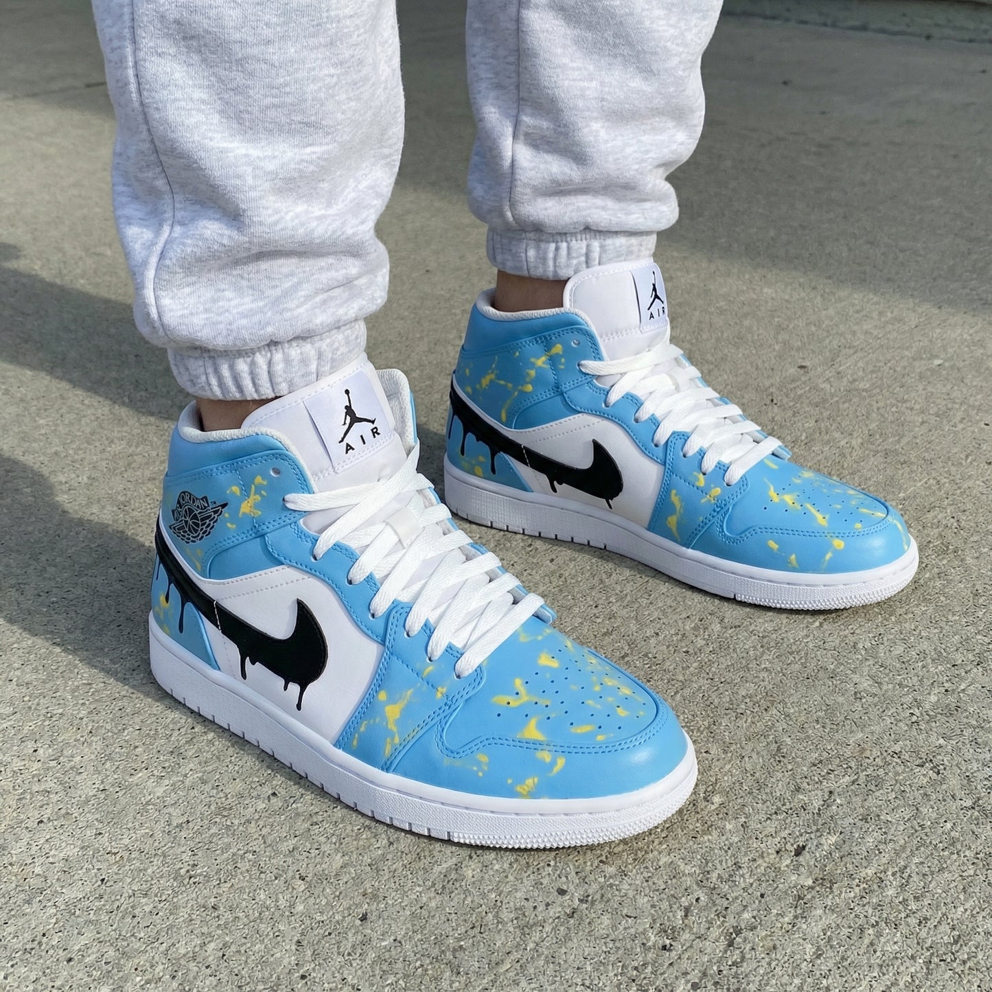 Baby Blue Yellow Splatter Custom AJ 1s Shoes
