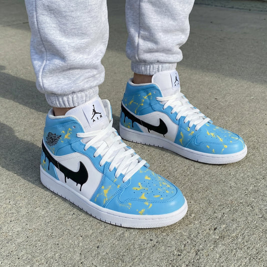 Baby Blue Yellow Splatter Custom AJ 1s Shoes