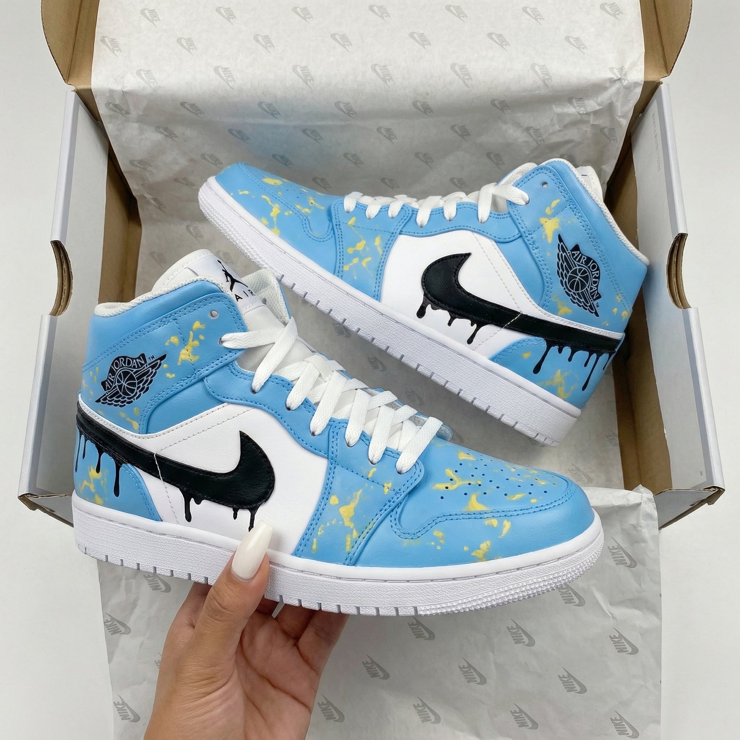 Baby Blue Yellow Splatter Custom AJ 1s Shoes