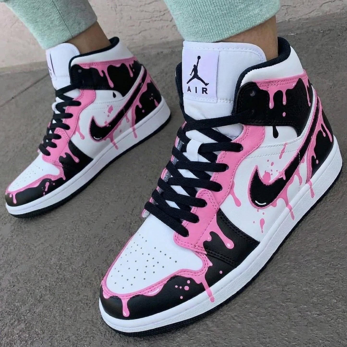 Custom Air Jordan 1 Black Baby Pink Drip Splatter