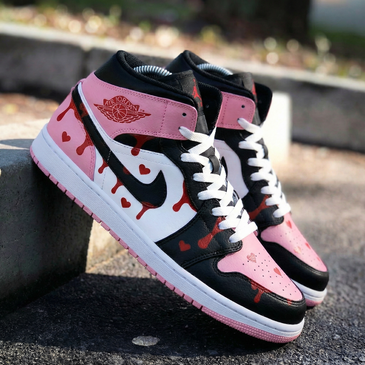 Baby Pink Black Heart Drip Custom AJ 1s Shoes