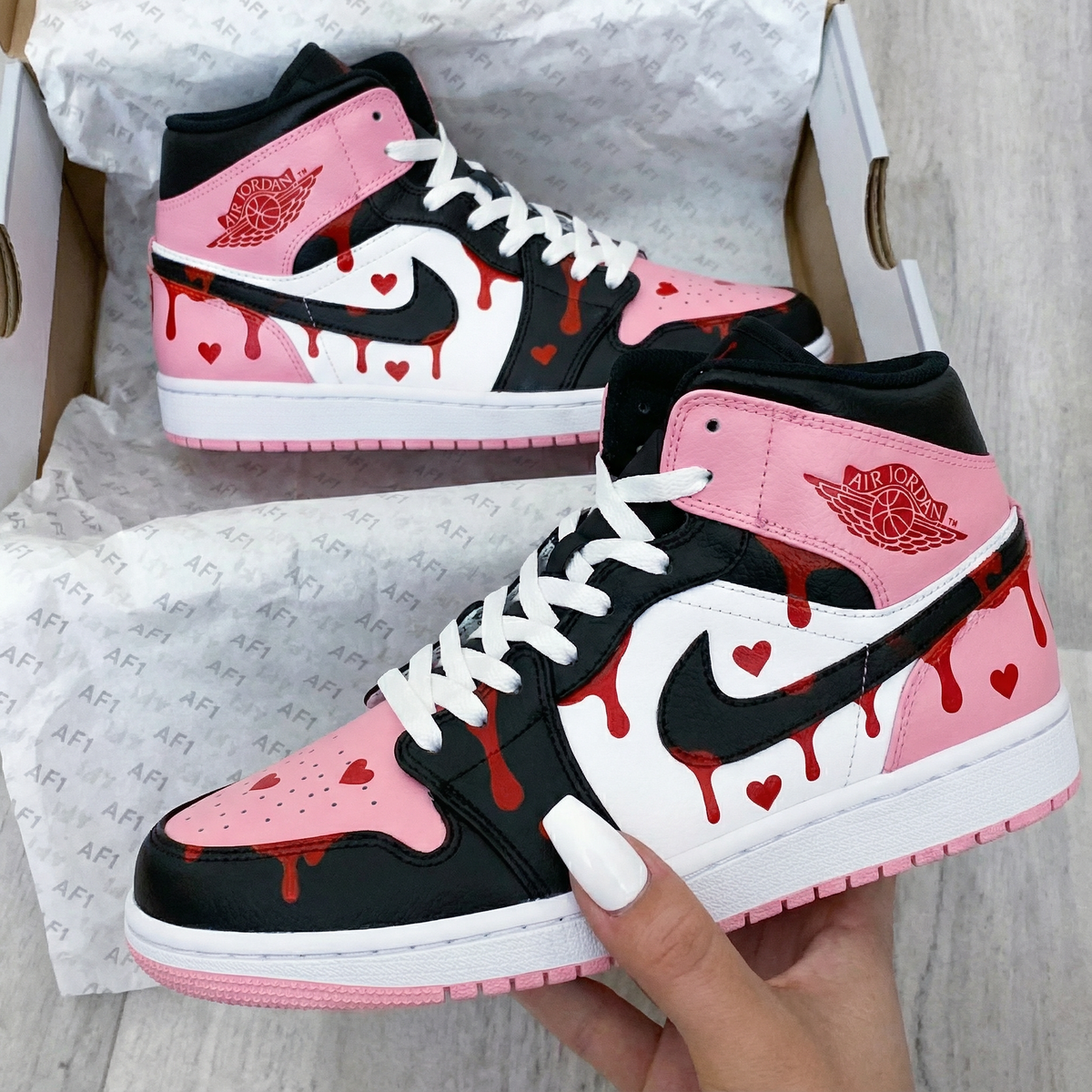 Baby Pink Black Heart Drip Custom AJ 1s Shoes